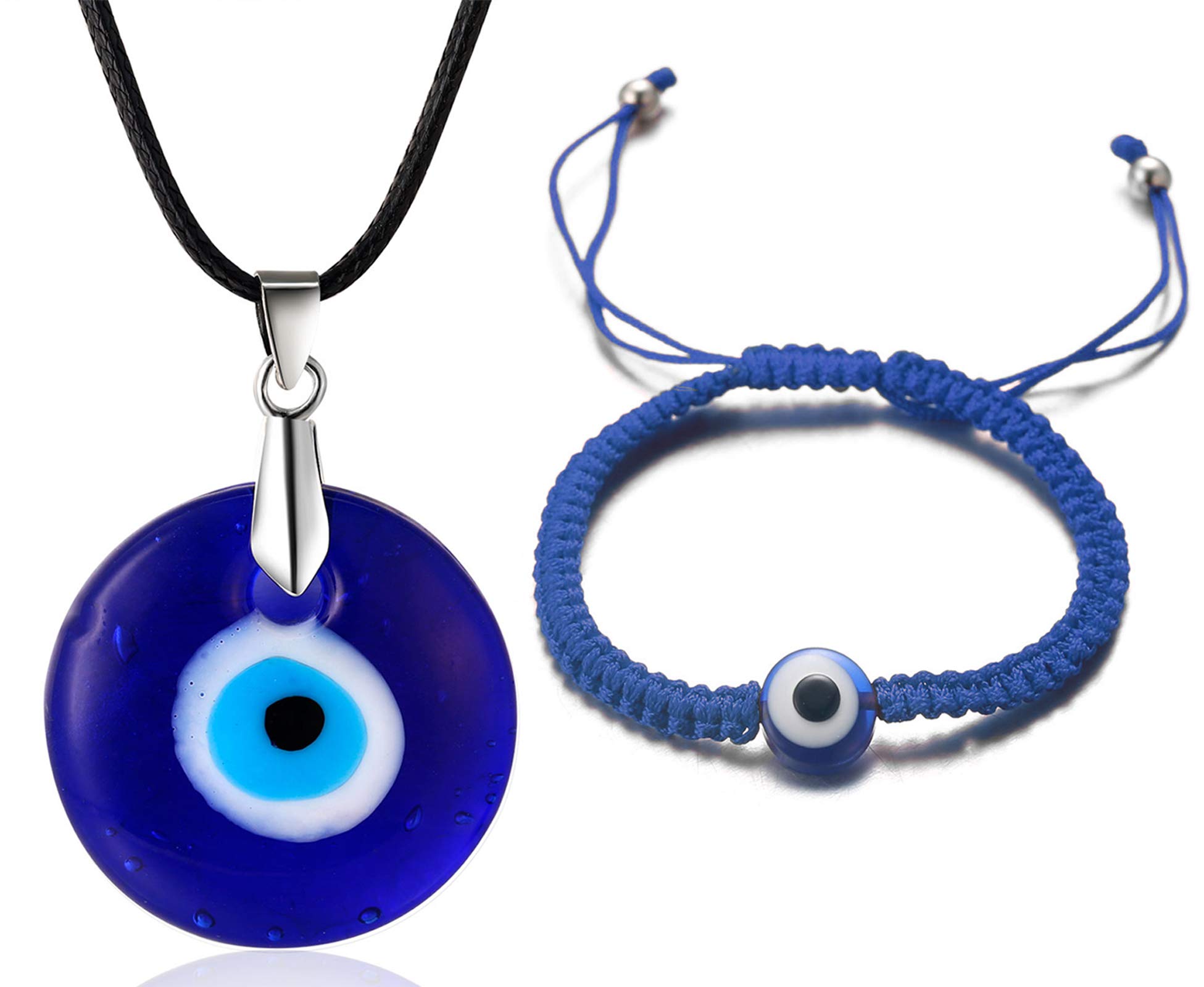 HALUKAKAH Evil Eye Necklace Bracelet Set for Men Women,Sapphire Resin Blue Eye Pendant Wax Rope Braid Blue String Bead Handmade Protection Mal de Ojo Jewelry with Free Giftbox