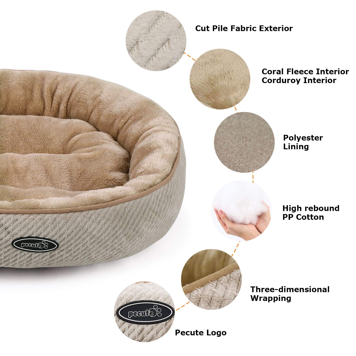 Pecute Cat Bed for Cats and Puppies Oval (50cm)- Machine Washable Plush Padded Soft Comfy (Beige)