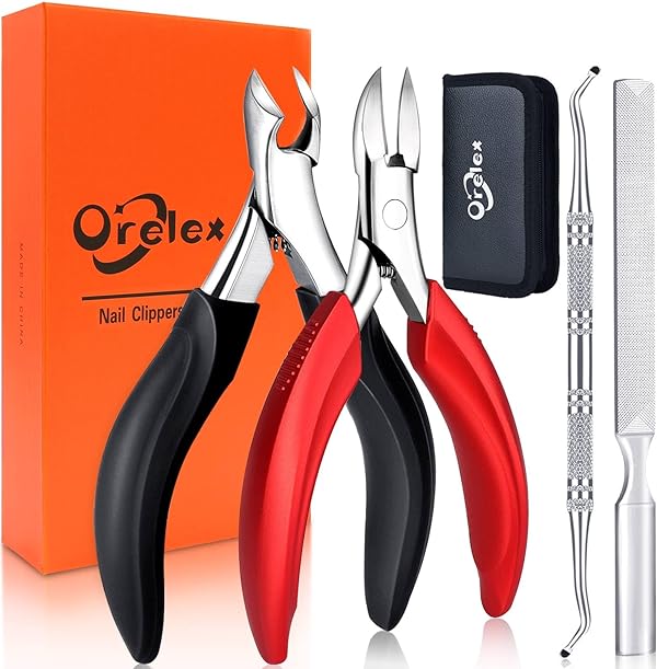 Orelex Nagelschere Set, Edelstahl Pediküre Nagelknipser, Ergonomische Komfort Langgriff Maniküre Clipper, 4 Stück Set Fußnagelzange - Nagelpflege mit Geschenkboxe