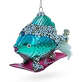 Cool Blue Fish Surfing Wave Blown Glass Christmas Ornament