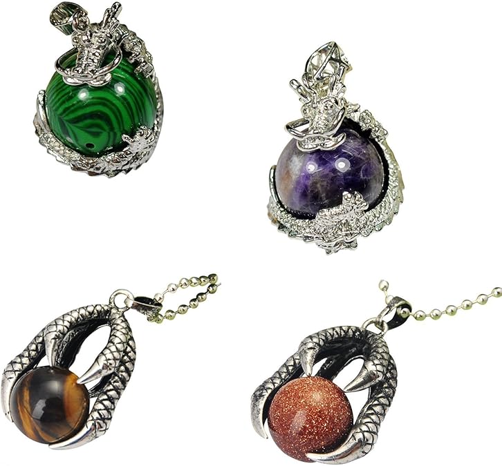 JoyaGift Natural Gemstone Pendant Silver Dragon Around Bead Dragon Claw