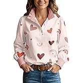 Valentines Long Sleeve Shirts for Women Half Button Stripe Ruffled Stand Collar Pink Love Heart Print Casual Blouses