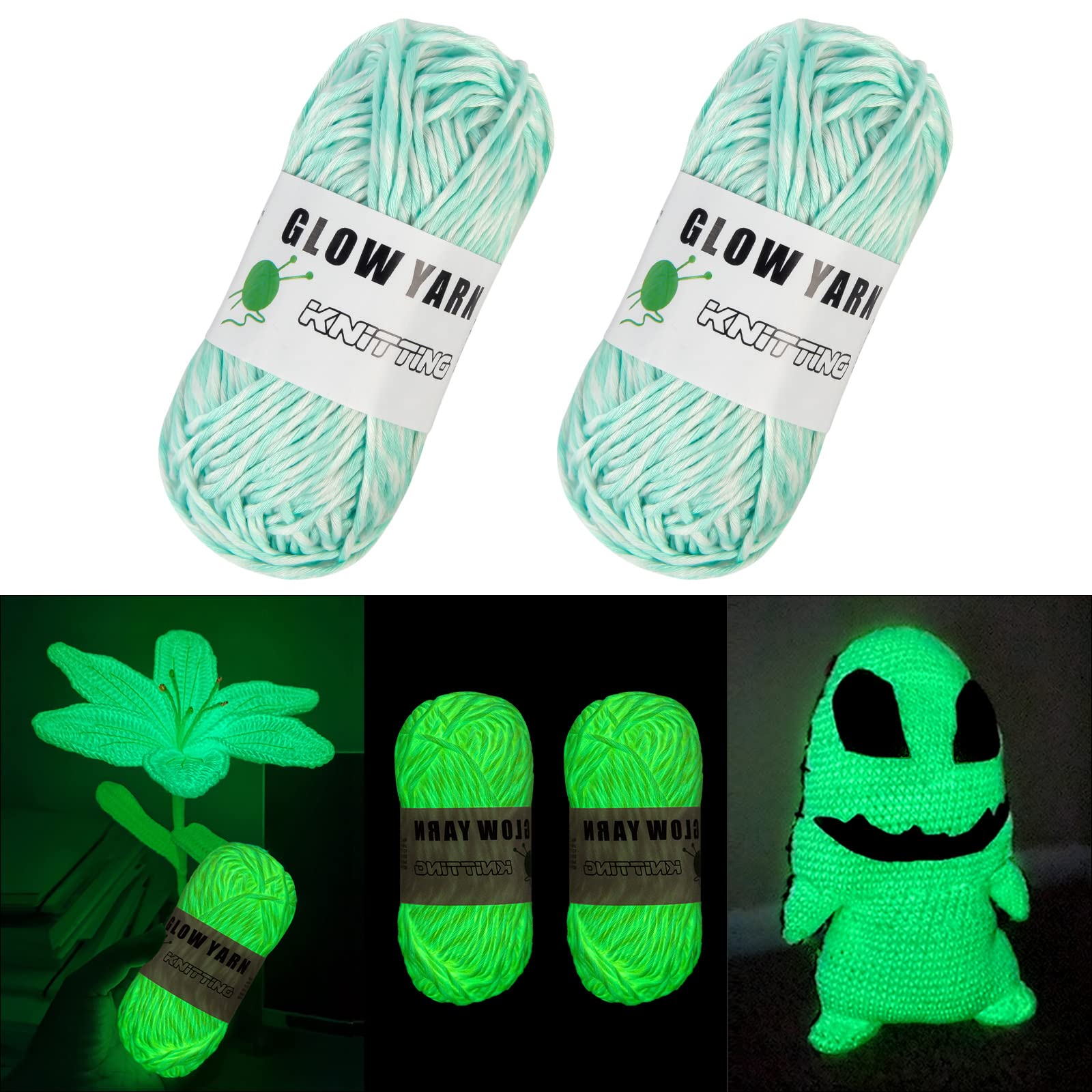 AUAUY Luminous Yarn, 2 PCS Polyester Yarn Glow in The Dark for Crocheting, 50 Yards Knitting Yarn DIY Handcraft Yards for Arts, Carpet Sweater Hat Scarf Gloves, Crafts & Sewing Beginners (Blue+White) — image 1