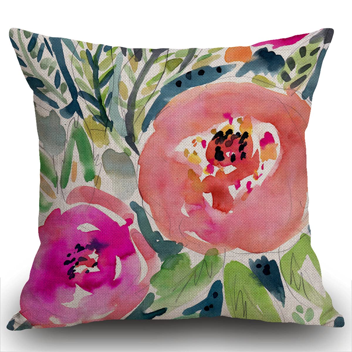 Smooffly Watercolor Flower Throw Pillow Cover Colorful Bohemian Peach Floral Boho Watercolor Pink Painterly Decorative Cushion Cover Pillow Case Home Decor Square 18 x 18 Inch Pillowcase 45 x 45 cm