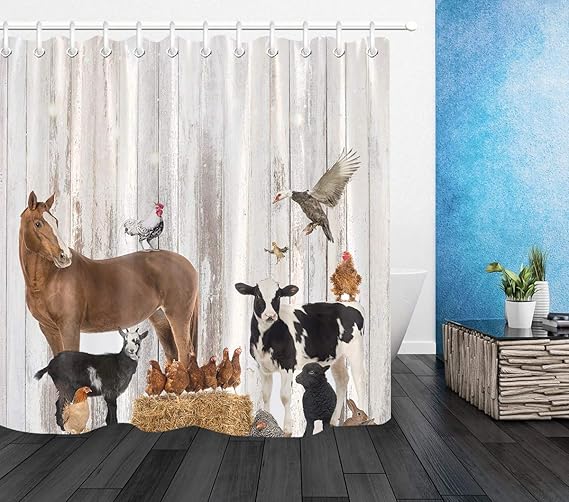 ECOTOB Farm Shower Curtain Decor, Rustic Wooden Wall Farm