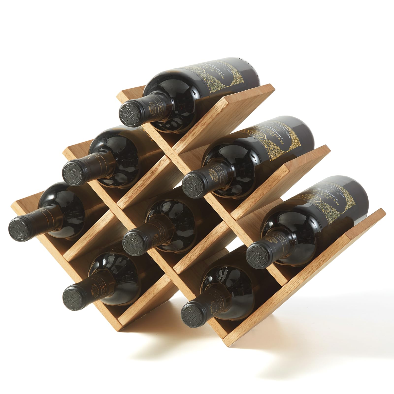 KIRIGEN Wooden 8-Bottle Wine Rack - 3-Tier Wood Wine Display Rack/Free Standing and Countertop Wine Storage Shelf - Bottle Holder/Cabinet Glass Rack Natural XHJJ3-NA