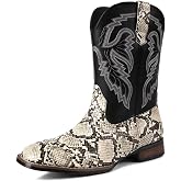 Cowboy Boots for Men Western Boots Square Toe Mid Calf Banquet boot | Men's Faux snake skin square toe cowboy boots and southwest embroidered calf anti slip westernpython patterned boots