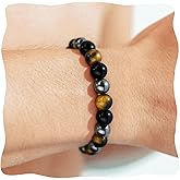 Triple Protection Bracelet, 8mm Natural Round Gemstone Beaded Bracelet for Women Men, Healing Crystal Tiger Eye Black Obsidian Hematite Bracelet