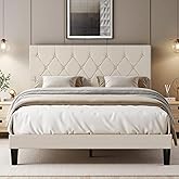 VECELO Queen Size Bed Frame with Button Tufted Headboard, Upholstered Platform Bedframe with Wood Slat Support, No Box Spring Needed, Beige