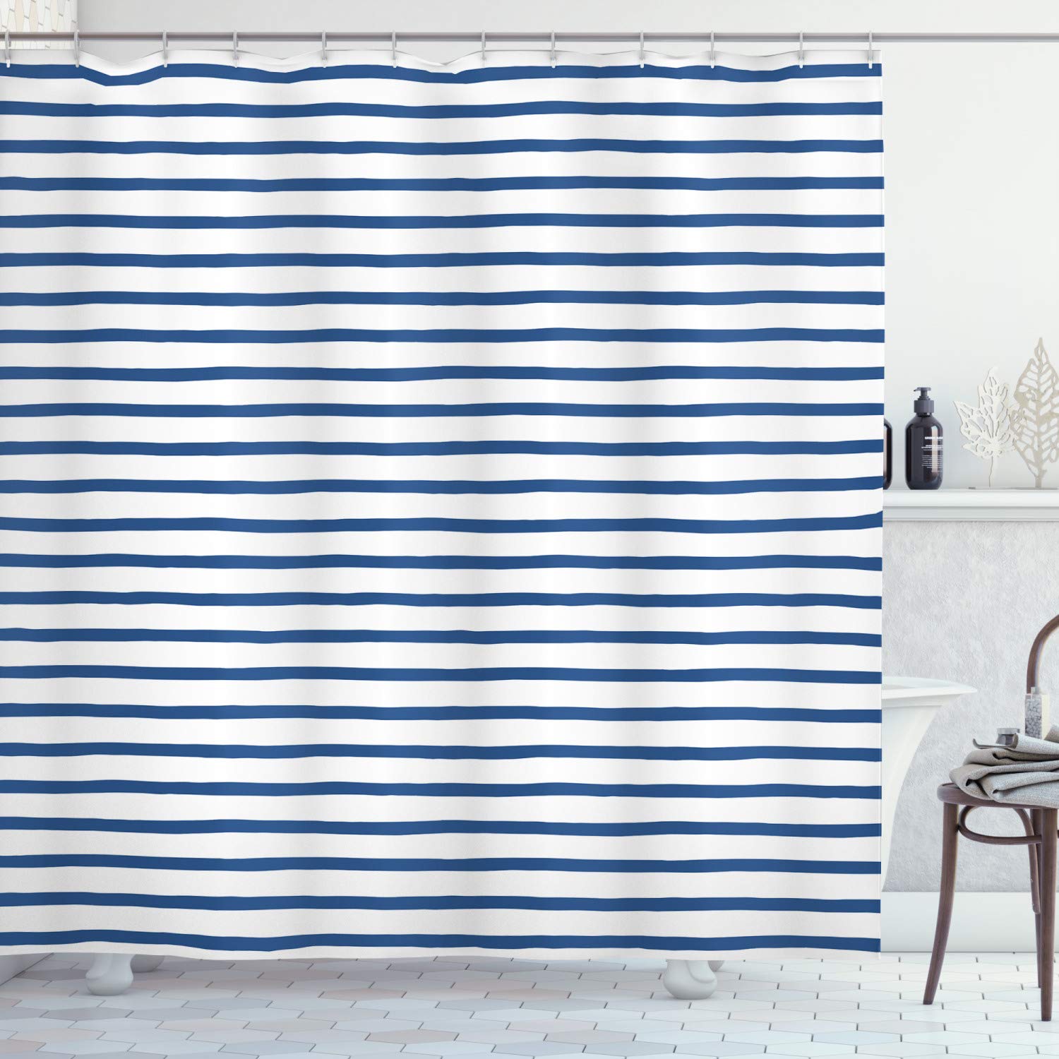 ABAKUHAUS Harbour Stripe Shower Curtain, Horizontal Nautical Stripes Pattern Hand Drawn Marine Sea Illustration, Cloth Fabric Bathroom Decor Set with Hooks, 94 Inches, Night Blue White