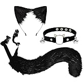 Hyuetrsa 3 Pcs Cat Ears and Tail, Faux Fur Wolf Ear Headband Leather Neck Chocker Costume Set Furry Wolf Fox Ears and Long Tail Set, Animal Cosplay Party Costume for Halloween Christmas Party Black