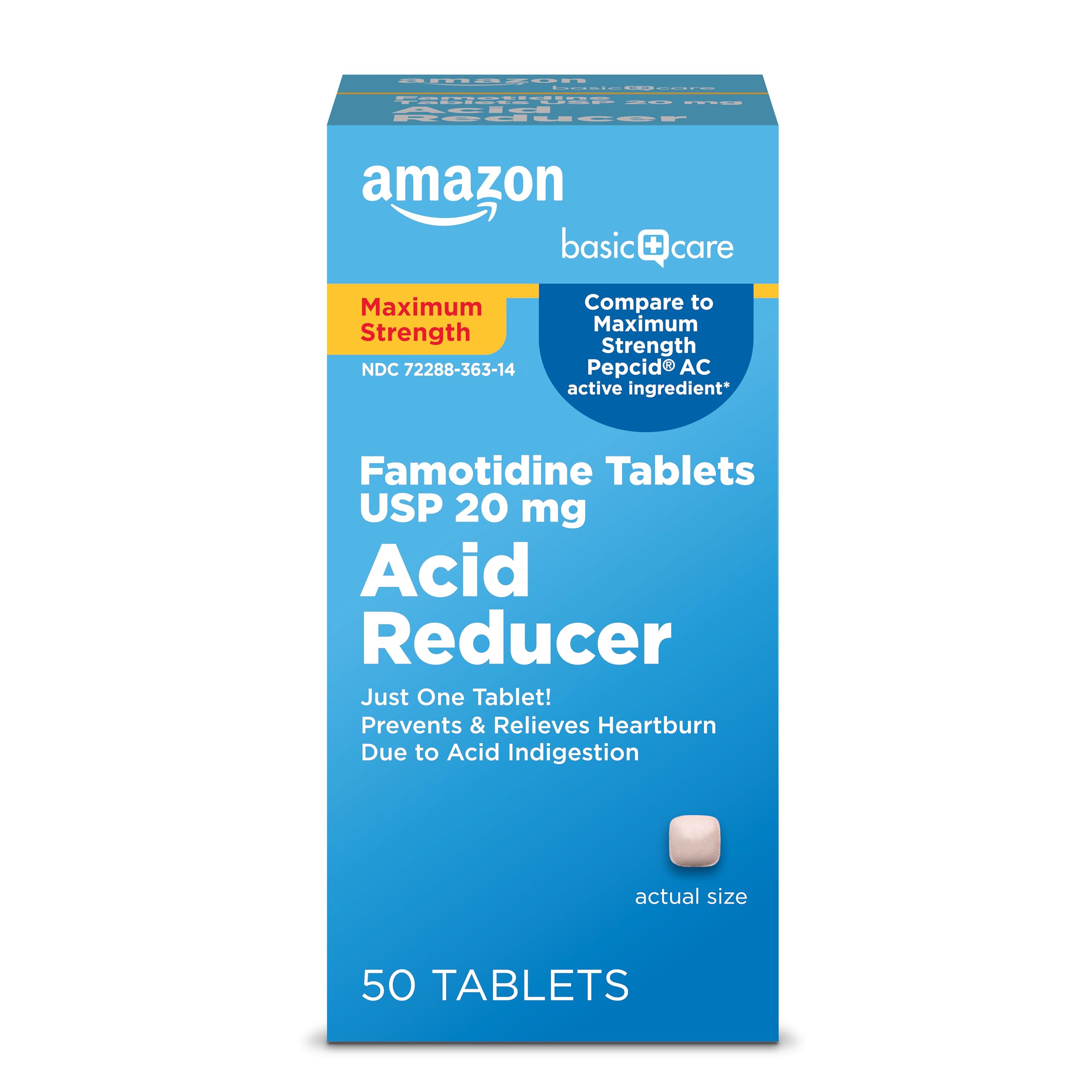 Amazon Basic Care Maximum Strength Famotidine Tablets 20 mg, Acid Reducer for Heartburn Relief, Prevents & Relieves Acid Indigestion, Heartburn Medicine, 50 Count