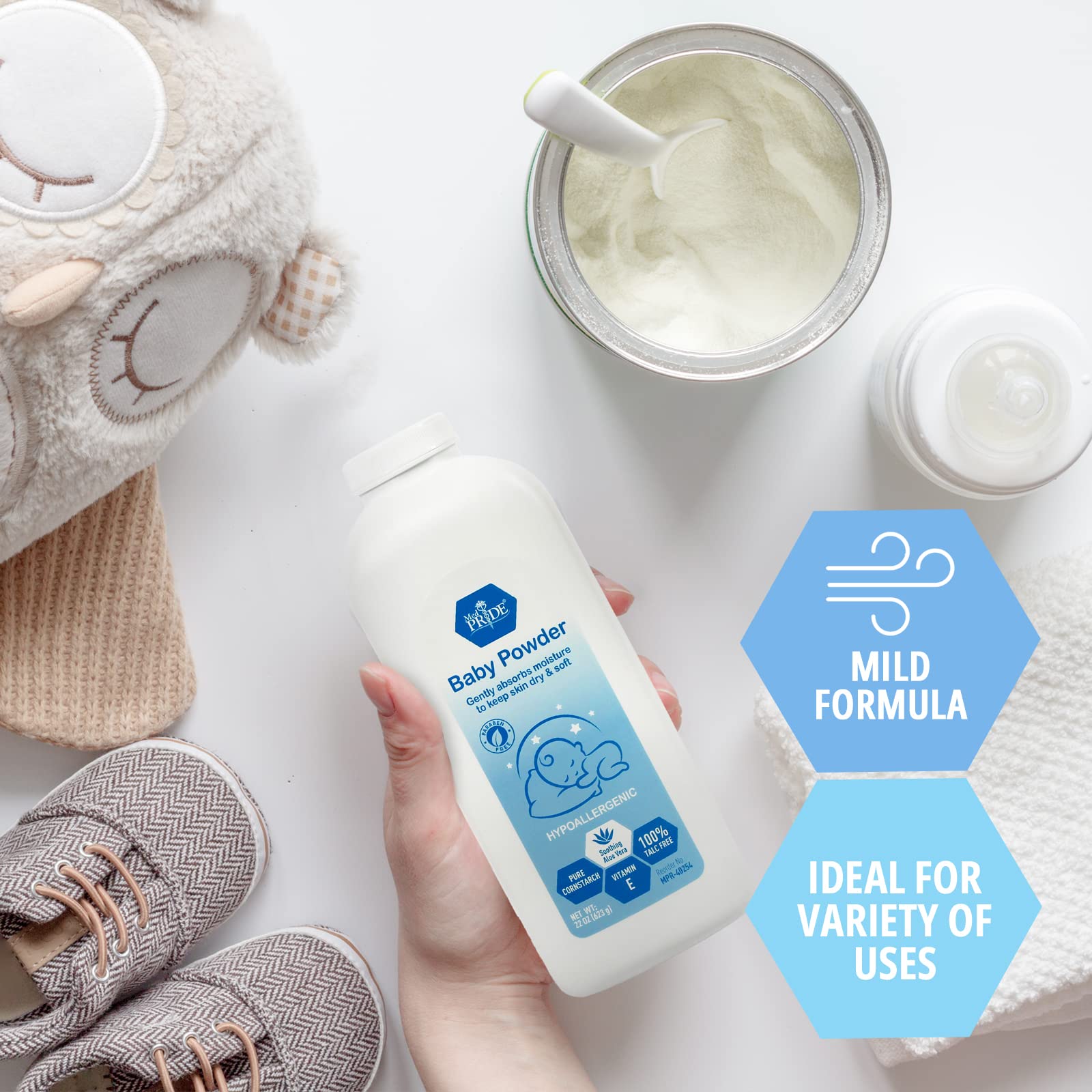 MED PRIDE Babypower Baby Powder 22oz 100% Talc-Free with Aloe Vera & Vitamin E, Hypoallergenic Cornstarch for Diaper Rash, Moisture Protection, Paraben-Free