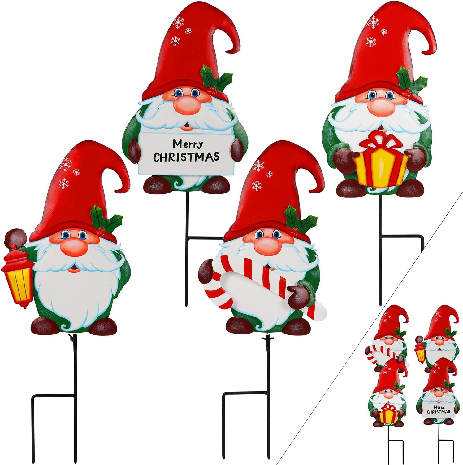 Decorative Garden Stakes - Hausse 4 Pack Christmas Gnomes Garden Stakes, 22 Inch Decorative Santa Metal Stakes, Xmas Stacked Yard Signs for Outdoor Decorations, Holiday New Year Winter Tomte Home Decor for Lawn Pathway Patio