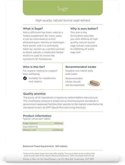 Sage 2 000mg Healthspan 120 Tablets Natural Phytoestrogen A Natural Plant Oestrogen Vegan Amazon Co Uk Health Personal Care