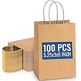 SNH Packing 100 Pcs 5.25x3x8 Inch Kraft Paper Gift Bags with Handles Brown Grocery Bag Small Size Ideal bags for small business, Party Favor, Bulk Retail & Shopping