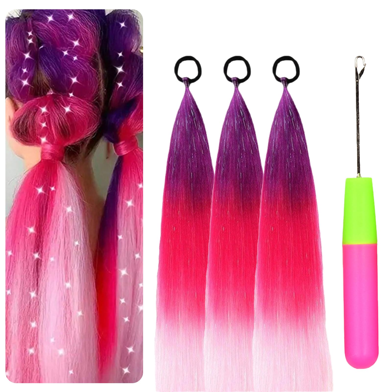 Braiding Hair,Rainbow Hair Extensions,3 Tone Coloured Hair for Braiding,Rainbow Ponytail Extensions,Colorful Ombre Pink Hair Extensions,with Hair Extension Crochet