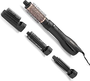 BaByliss Smooth Finish 1200, Warmluftbürste mit 5 Aufsätzen, Volumen/Formen/Glätten, 3 Temperaturstufen, Ionen-Technologie, 1200 W Föhnbürste, AS122E