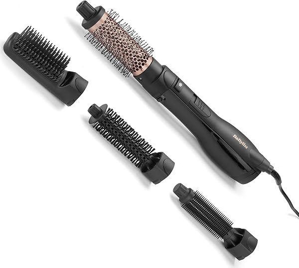 BaByliss Smooth Finish 1200, Warmluftbürste mit 5 Aufsätzen, Volumen/Formen/Glätten, 3 Temperaturstufen, Ionen-Technologie, 1200 W Föhnbürste, AS122E