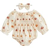 Kayotuas Baby Girl Halloween Outfit Newborn Pumpkin Bubble Romper Dress Long Sleeve Smocked Bodysuit & Headband Fall Clothes