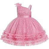 IMEKIS Toddler Girls Pageant Dress Shiny Bow Asymmetric Shoulder Formal Birthday Wedding Party Tiered Tulle Gowns 1-9T