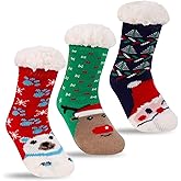 FENELY 3 Pairs Kids Boys Girls Slipper Socks Winter Sherpa Lined Fuzzy Warm Soft Non Skid