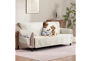 Pamhaven Quilted Sofa Slipcovers with Pockets, Anti-Slip Medallion Designed Couch Covers for 3 Cushion Sofa, Couch Cover for Dogs Cats Water-Repellent Machine Washable (Large Sofa 68", Ivory White)