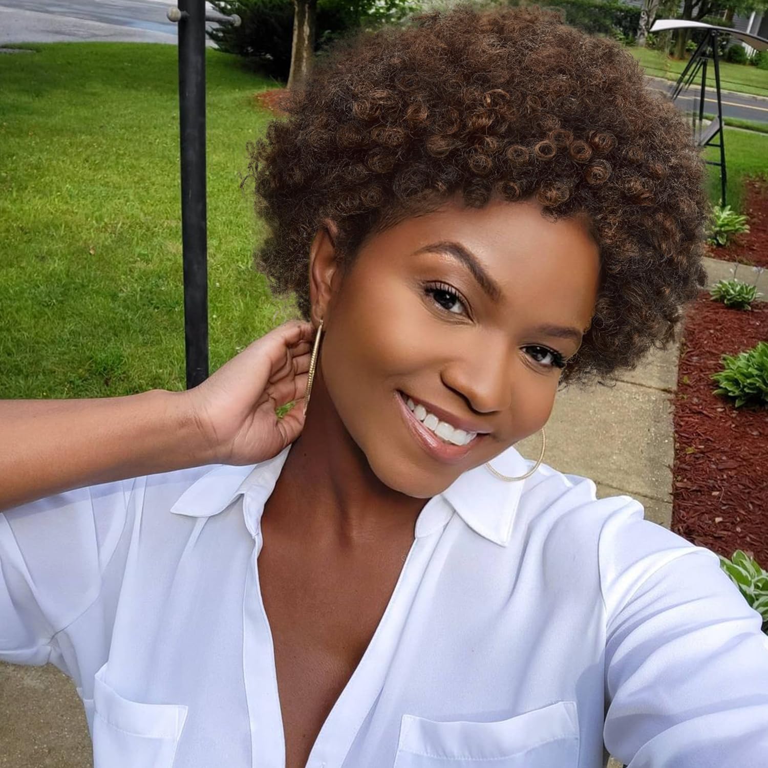 Photo 1 of WIGER Afro Kinky Curly Wig Human Hair for Women Short Ombre Brown Afro Wigs CurlyBrazilian Human Hair Machine Made None Lace Pixie Cut Wig (Mixed Brown)