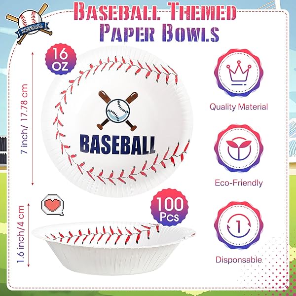 RIMCEREAL 100 PCS 16OZ BASEBALL PARTY SUPPLIES DISPOSABLE PAPER PLATES BOWLS FOOD NACHO TRAY FOR BASEBALL BIRTHDAY DECORATIONS