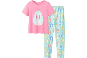 CYCHELRY Big Girls Cute Pajama Set Cartoon Print Short Sleeve and Long Pants Pink Jammies Set for Size 6-16