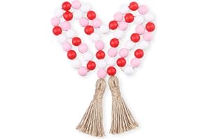 BlueMake Valentine's Day Wood Bead Garland with Tassel,Rustic Wooden Bead Decor Farmhouse Beads Big Wall Hanging Decor (Pink,39In)