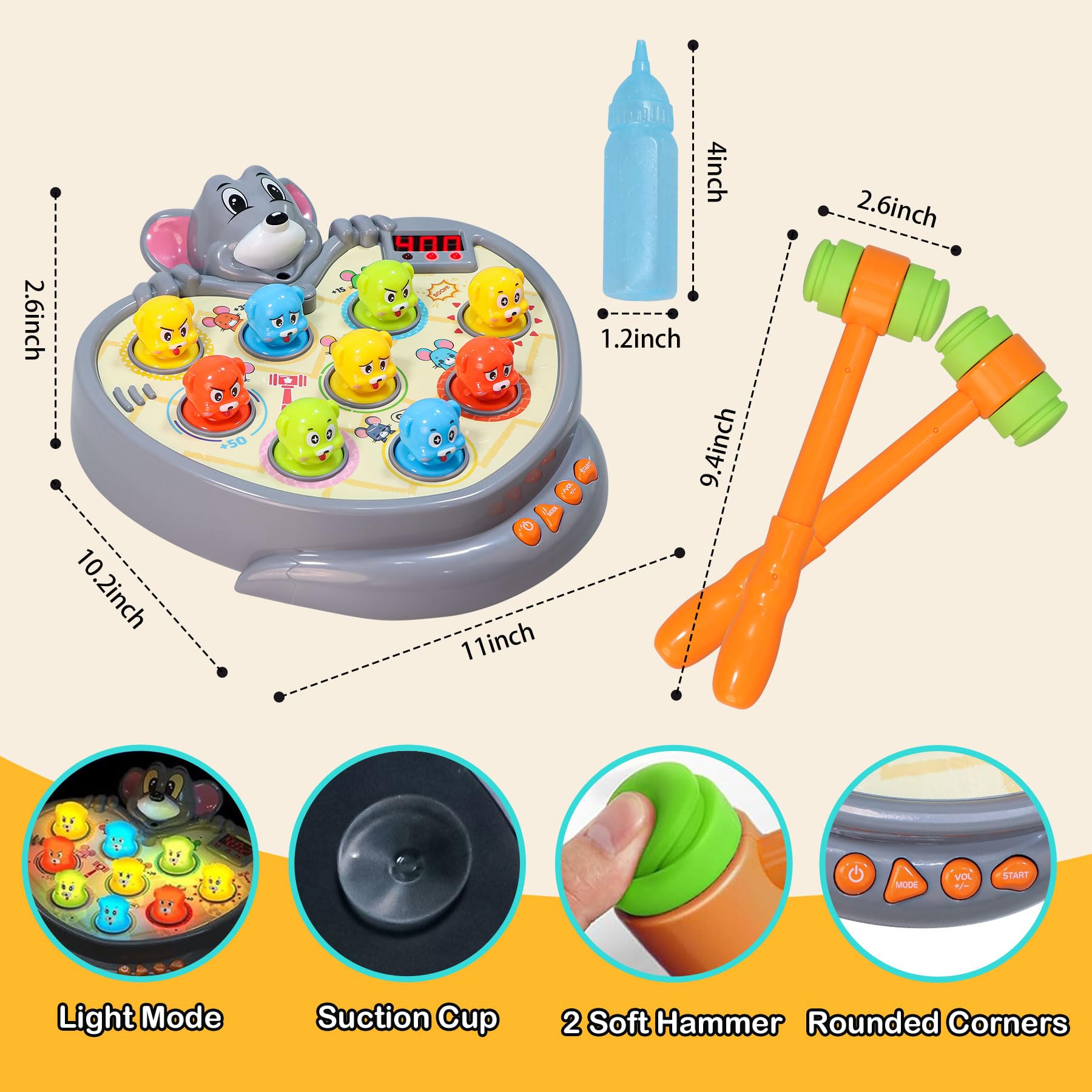 Hammer Pounding Game,Toys for 2 + Year Old Boys,Fine Motor Gift for Toddlers 3 4 5 Year Old,Interactive Educational Toy with 5 Game Modes,9 Music & Light,45 speedings