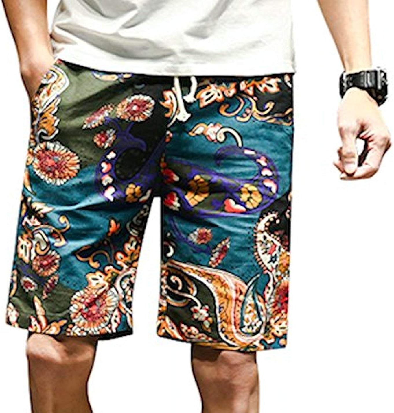 (リスキス) riskiss メンズ トライバル柄 ショート 短パン リゾート系 夏 服 夏物 ハーフパンツ お兄系 ファッション 総柄 赤 青 M L XL (M, 青)