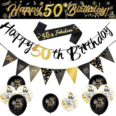 Yontree 14-Piece 50th Birthday Decoration Kit Gold Black Banner Balloons