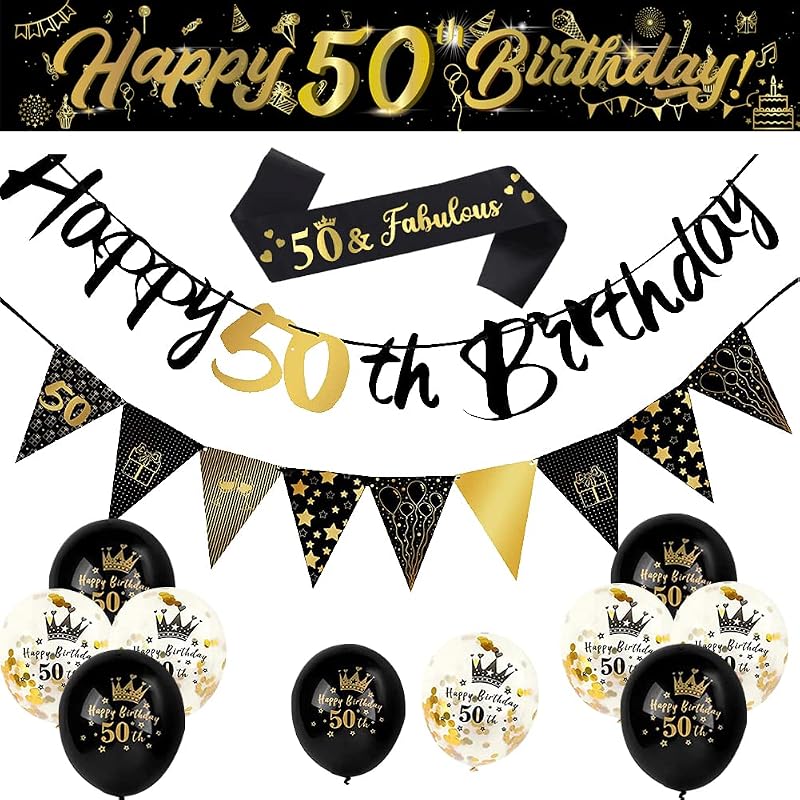 Yontree 14-Piece 50th Birthday Decoration Kit Gold Black Banner Balloons