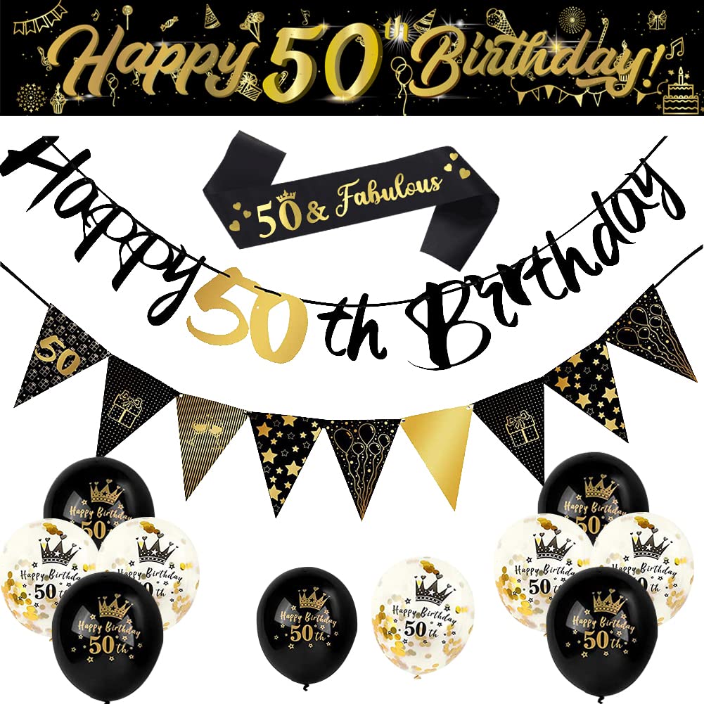 Yontree 14-Piece 50th Birthday Decoration Kit, Gold & Black Theme, Includes 9ft Banner, Birthday Strap, Bunting, Triangle Flags, 10 Latex Balloons