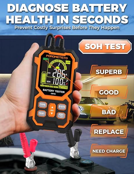 POROMETISTO CAR BATTERY TESTER, 12V/24V AUTOMOTIVE BATTERY DIAGNOSTIC TOOL, 50-2000 CCA LOAD CAPACITY, DIGITAL BATTERY ANALYZER & VOLTAGE METER FOR CAR TRUCK MOTOR SUV BOAR ATV RV