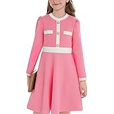 NIUSC Girls Dress Fall Dress Long Sleeve Button Color Block Winter Casual Party Dresses 5-14Y