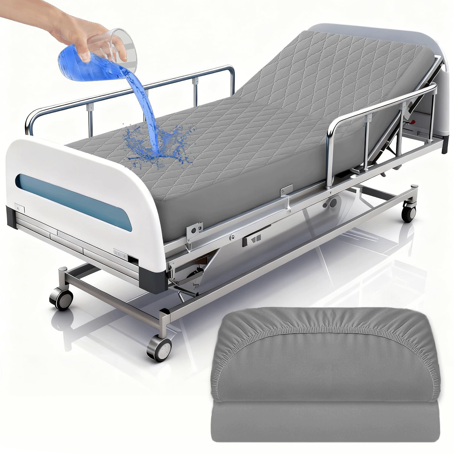 Photo 1 of 2 Pack Hospital Bed Sheets Set,Hospital Bed Fitted Sheets for Home Use & Hospital Care Beds,Waterproof Fitted Sheets with Elastic All Around,Reusable and Machine Washable,36" x 80" x 14" (Grey)