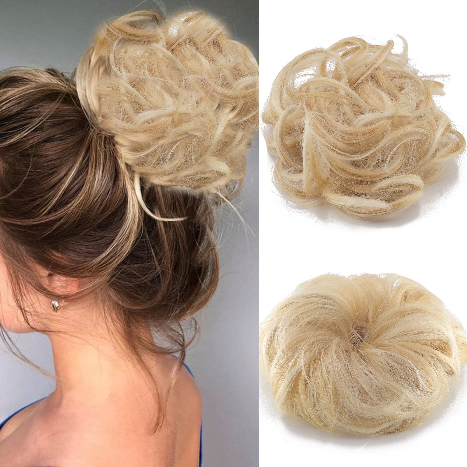 Cybelleza Messy Bun Hair Piece Curly Hair Scrunchies Thick Messy Hair Bun Updo Hairpiece Synthetic Ribbon Ponytail Extensions Donut Chignons Wavy Wig for Women Girls, 35g Butter Blonde & Bleach Blonde