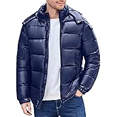 Yusongirl Men Shiny Puffer Jacket Black Waterproof Hooded Outerwear Zip Up Winter Coat