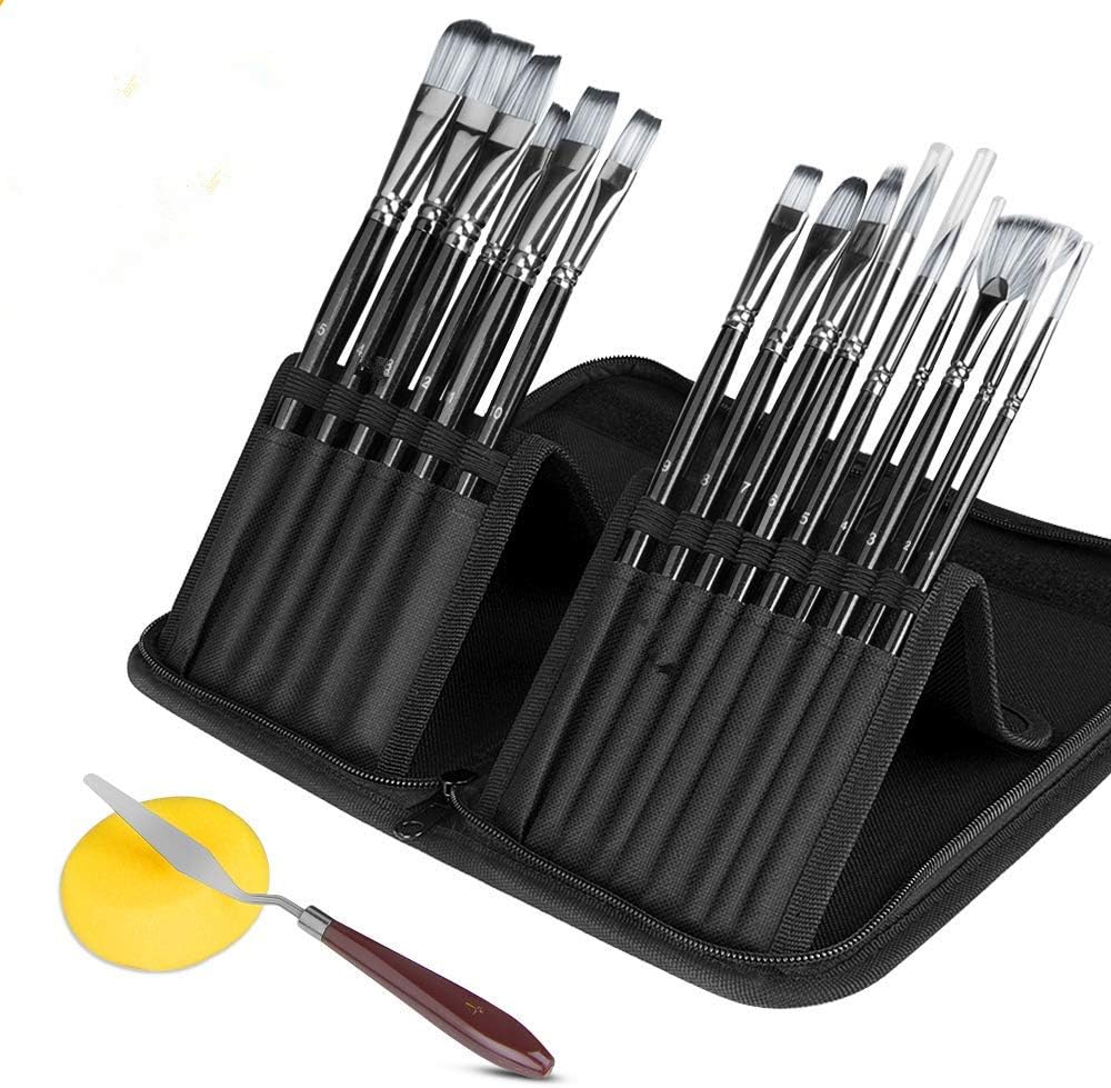 Paint Brush Set including Travel Case- Nylon Hair Paintbrushes for Acrylic Watercolor Oil Gouache Paint