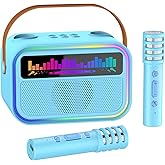 TOZDTO Karaoke Machine for Kids Adults, Birthday Gifts Toys for Girls Boys Age 3-12+,Mini Portable Bluetooth Singing Speaker with 2 Wireless Microphones & LED Lights (Blue)