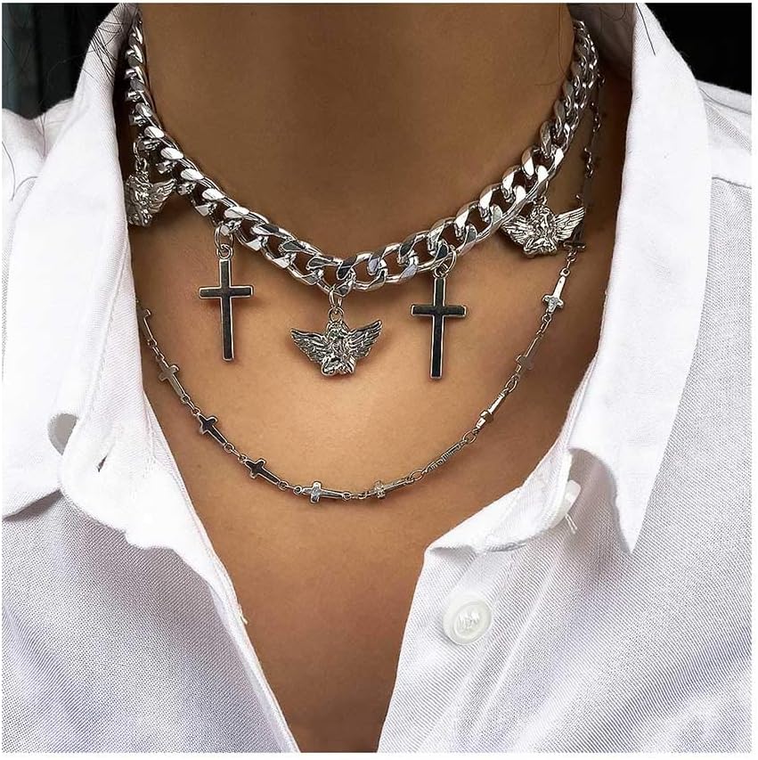 Holy Layered Necklace Silver Cross Thick Chain Punk Angel Short Chunky Necklaces Jewelry for Women and Girls