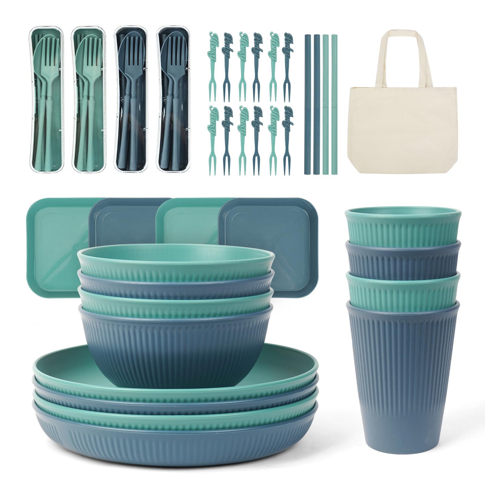 ZgoEC 53pcs Unbreakable Camping Dinner Sets for 4 People, Camping Cutlery Set for 4, Plastic Dinner Set, Stackable Camping Plates and Bowls Set with Carry Bag, Picnic Plates Tableware Sets, BBQ Gift