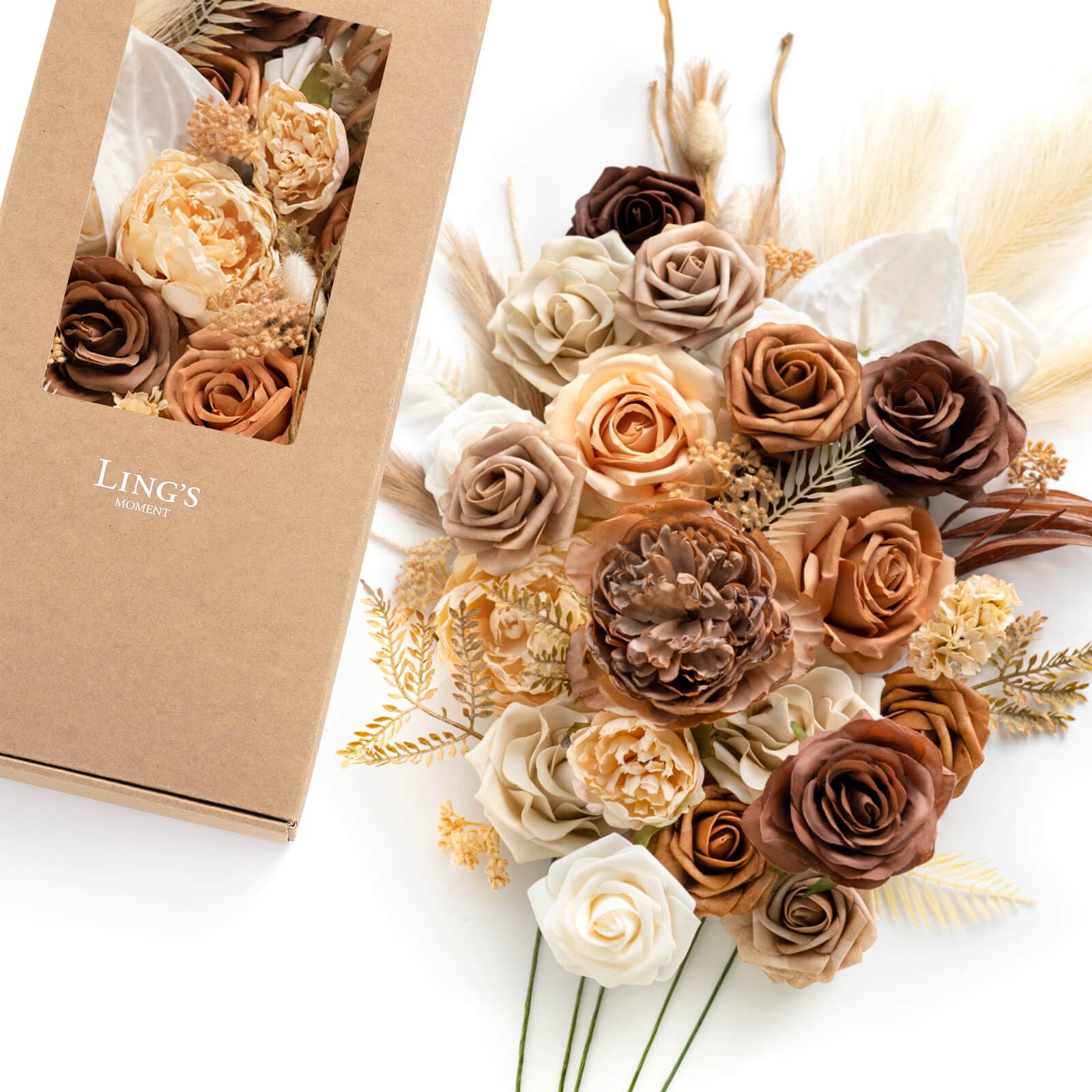 Photo 1 of Ling's moment Fake Flowers Box, Faux Artificial Greenery Stems Foam Roses Silk Fabic Flower