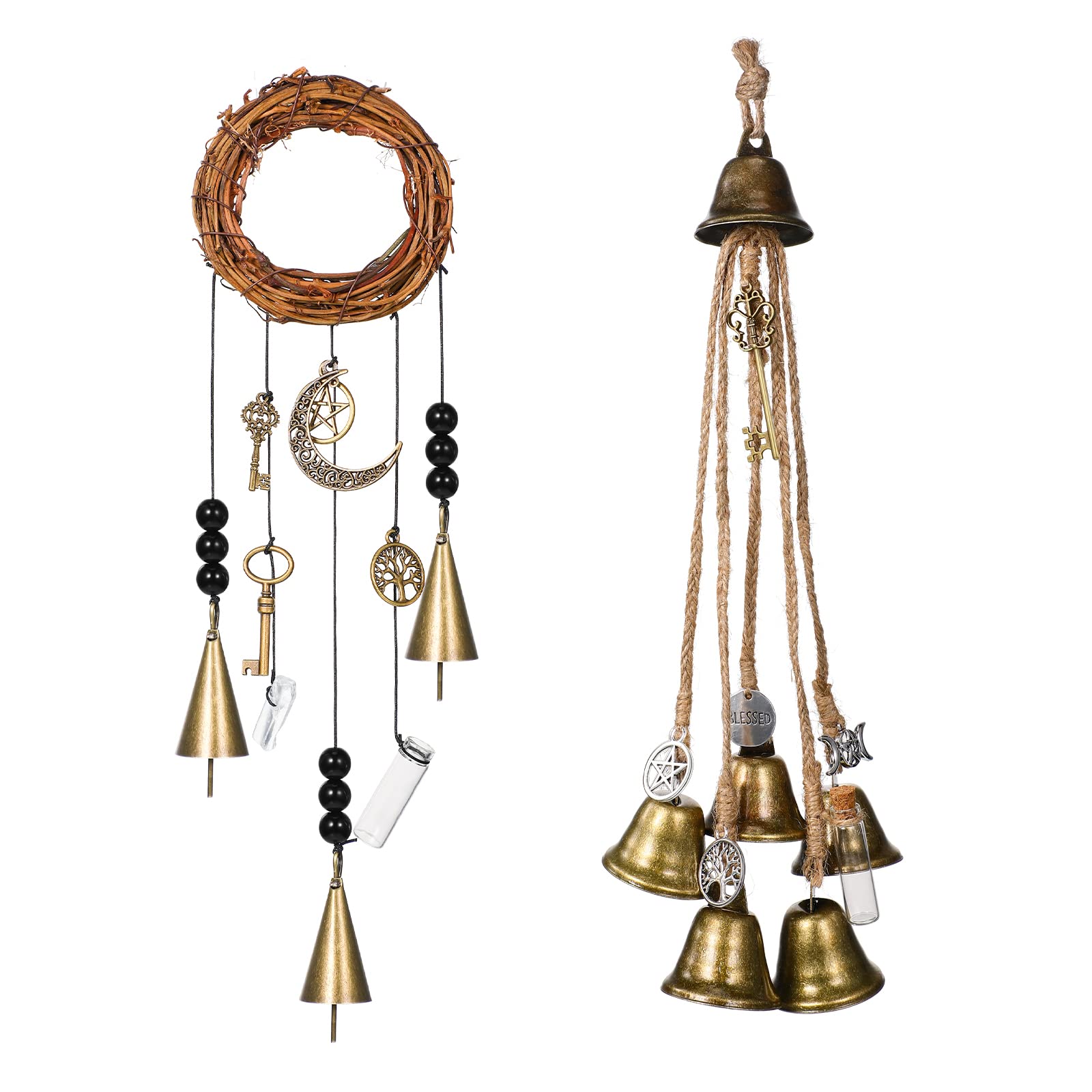 Photo 1 of 2 Pieces Witch Bells Protection Door Hangers Witch Wind Chimes Wreath Handmade for Home Door Doorknob Witchcraft Decorations(Stylish Style)