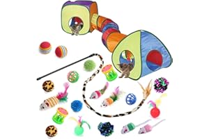 Cat Toys for Indoor Cats, Kitten Toys Set, Collapsible Pet Tunnel Cube Tent Toys, Interactive Cat Feather Teaser Wand Cat Bel