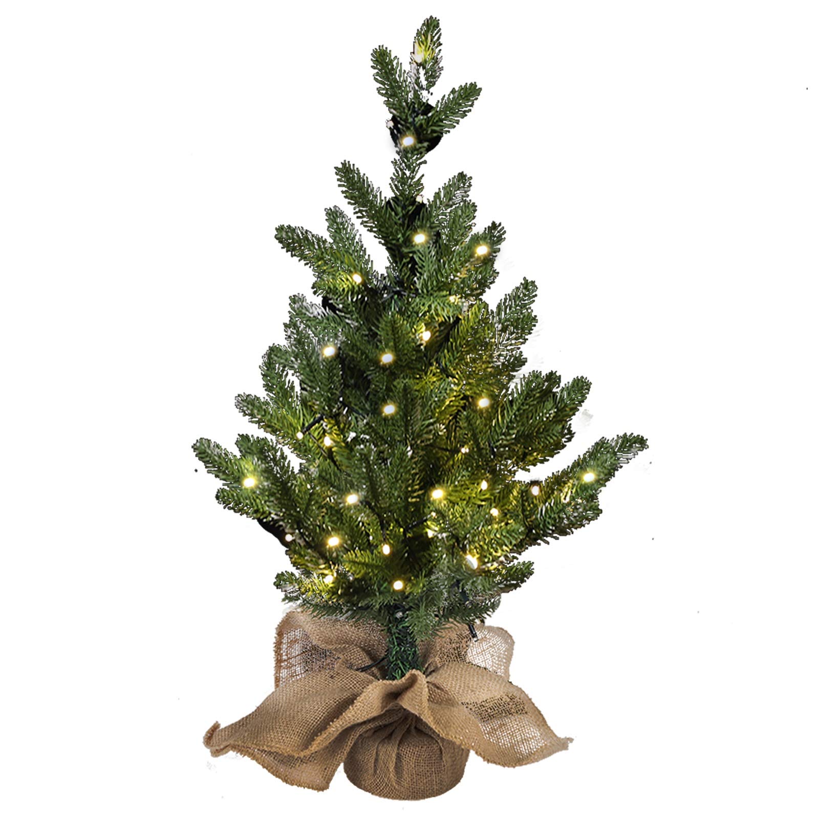 Photo 1 of ***(BATTERY OPERATED)***MorTime 24 Inch Mini Artificial Christmas Tree with 50 LED Lights, 2 ft Table Top Christmas Pine Tree 29 Tips with Burlap Wooden Base, Christmas Winter Home Decorations