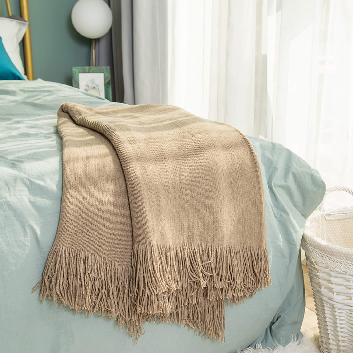 INSHERE Solid Gold Yellow Color Knitted Throw Blanket with Tassels Fringe Soft Cozy Comfy Warm Lightweight Fall Home Decor for Couch Chair Sofa Bedroom Living Room 51''x67'': Kitchen & Dining
